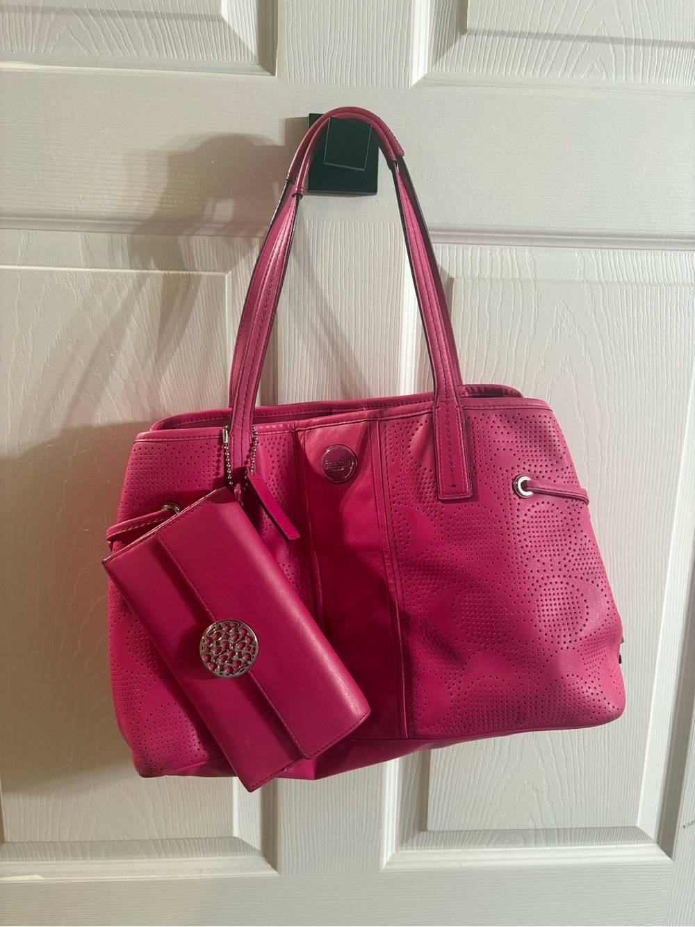 Coach Pink Perforated Leather Tote with Matching Wallet